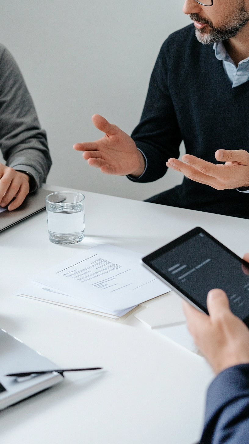 A professional team working on financial plans and legal documents in a sleek corporate environment.