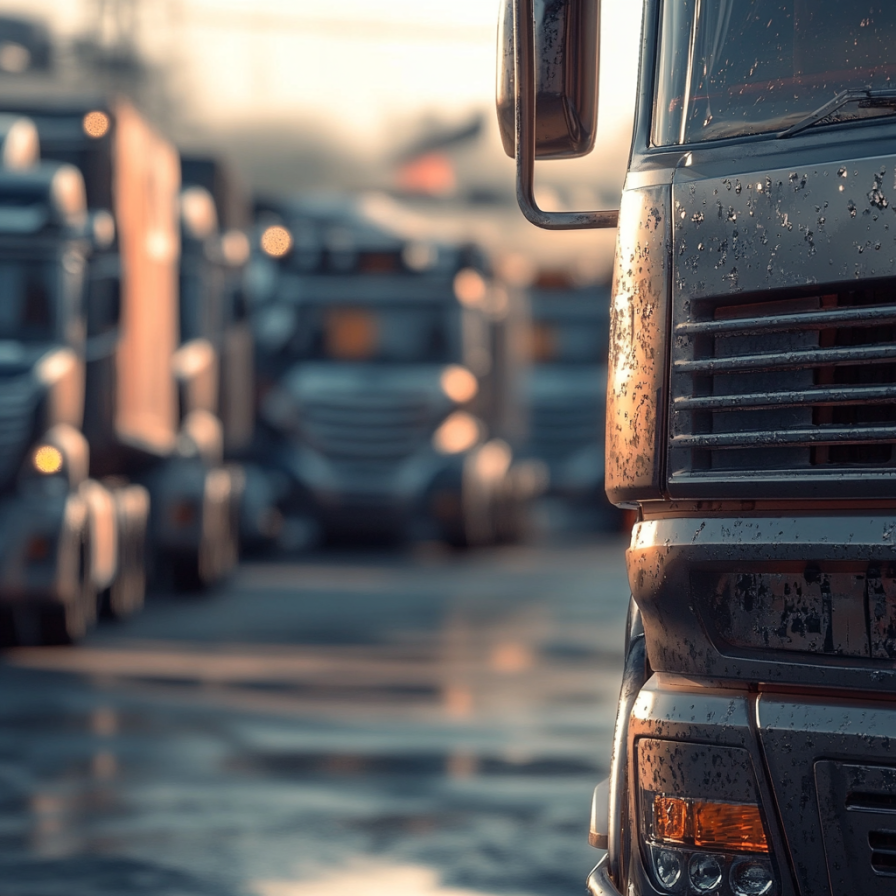 Flotte de véhicules de transport devant un entrepôt logistique